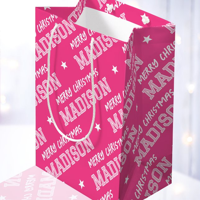 Frohe Weihnachtsbezeichnung Typografie Pink Mittlere Geschenktüte (Von Creator hochgeladen)
