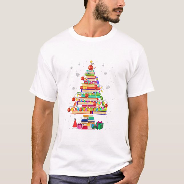 Frohe Weihnachtsbibliothek Baum Niedliches Buch Lo T-Shirt (Vorderseite)