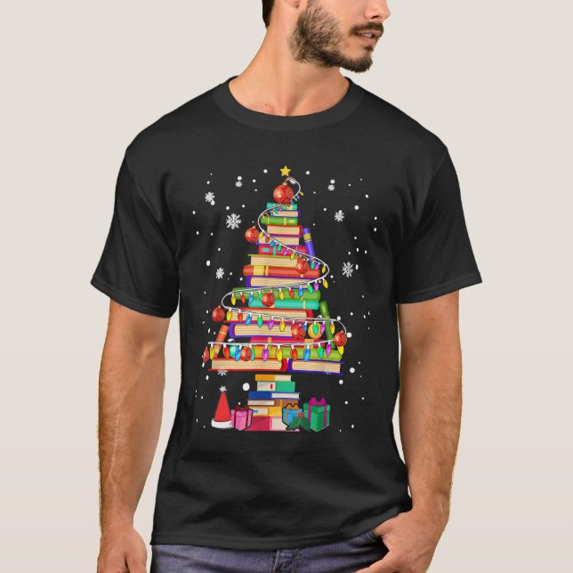 Frohe Weihnachtsbibliothek Baum Niedliches Buch Lo T-Shirt (Vorderseite)