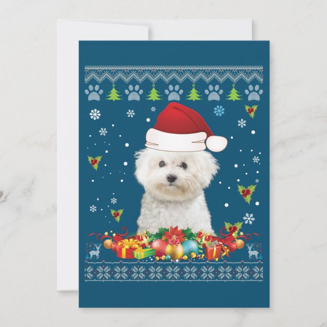 Frohe Weihnachtsbichons Frise Hund Ugly Sweater Dankeskarte (Vorderseite)