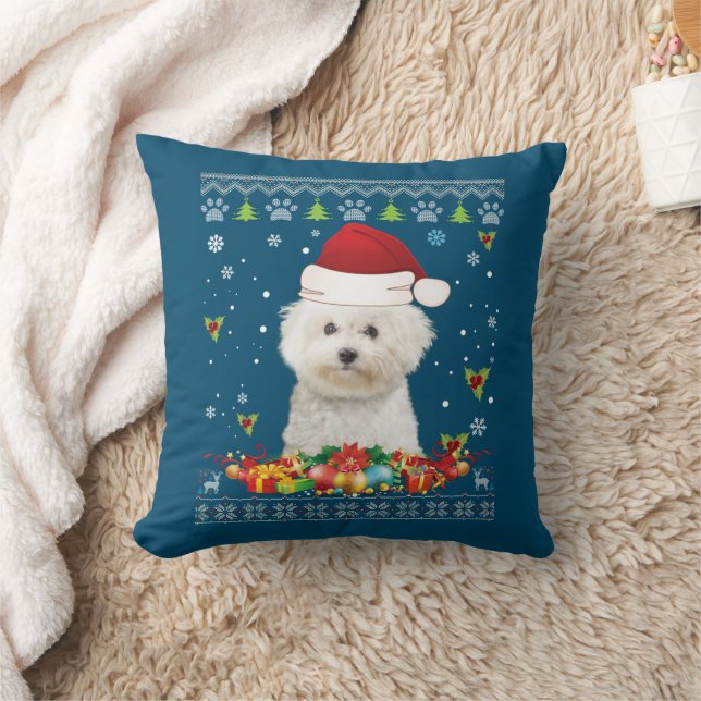 Frohe Weihnachtsbichons Frise Hund Ugly Sweater Kissen (Decke)