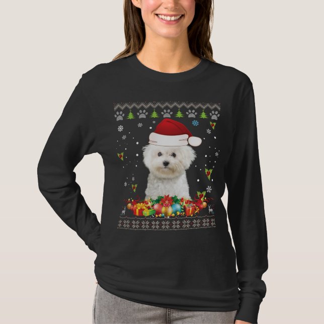 Frohe Weihnachtsbichons Frise Hund Ugly Sweater Sa T-Shirt (Vorderseite)