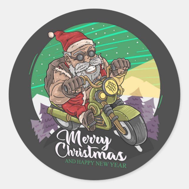 Frohe Weihnachtsbiker Santa Classic Round Aufklebe Runder Aufkleber (Vorderseite)