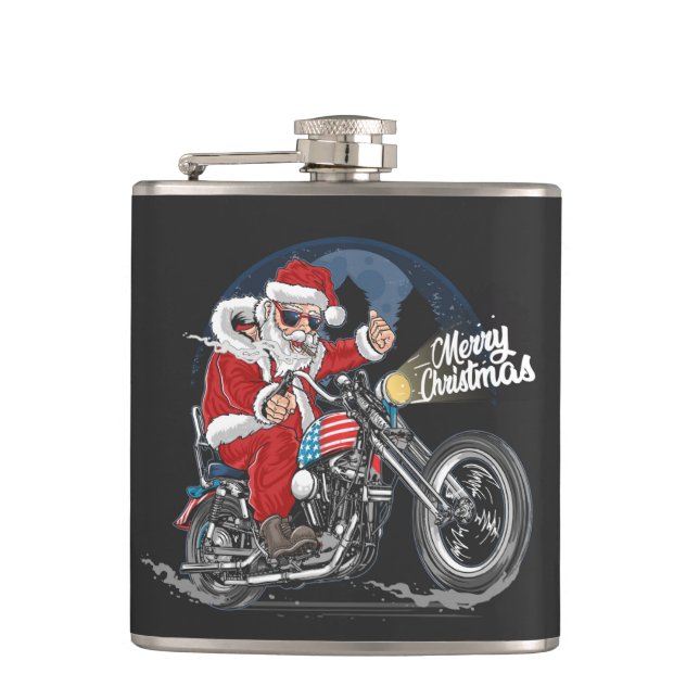 Frohe Weihnachtsbiker Santa Flask Flachmann (Vorderseite)