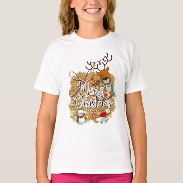 Frohe Weihnachtsbild Girls Basic T.Shirt T-Shirt (Vorderseite)