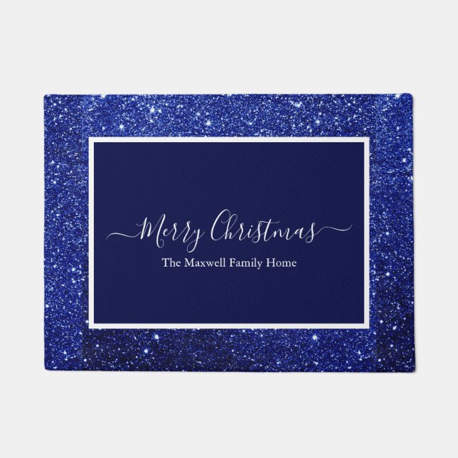 Frohe Weihnachtsblauer Glitzer Familienname Fußmatte (Vorderseite)