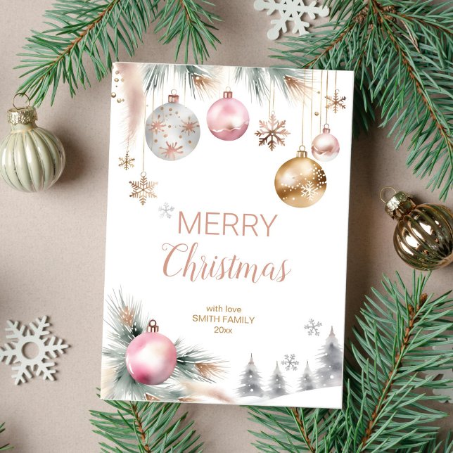 Frohe Weihnachtsboho metallischen Baubles Aquarell Feiertagskarte (Merry Christmas holiday greeting template card instant digital download silver rose gold baubles)
