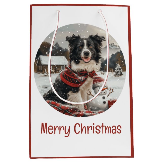 Frohe Weihnachtsborder Collie Dog Snowman Mittlere Geschenktüte (Vorderseite)