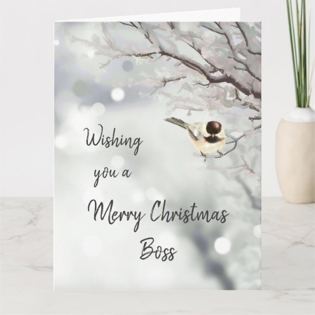 Frohe Weihnachtsboss von uns allen Chickadee Bird Karte (Vorderseite)