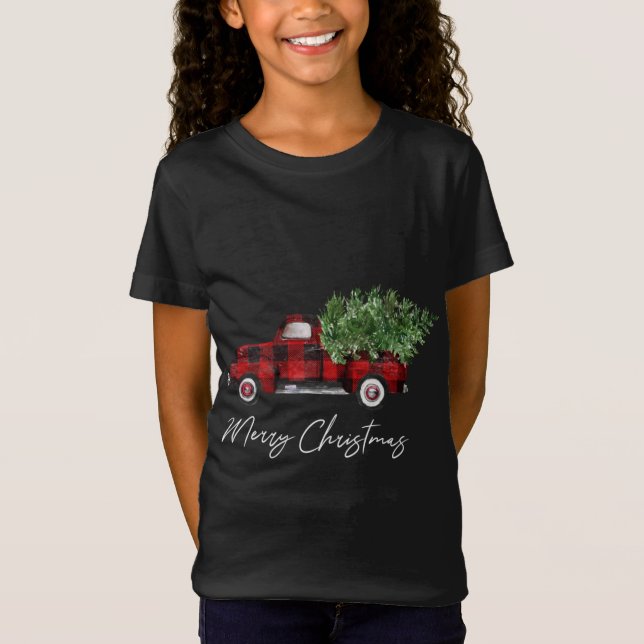 Frohe Weihnachtsbüffalo Karierter Truckbaum T-Shirt (Vorderseite)