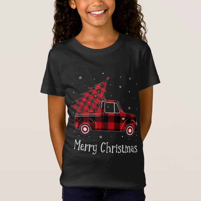 Frohe Weihnachtsbüffel Roter Karierter LKW-Baum (2 T-Shirt (Vorderseite)