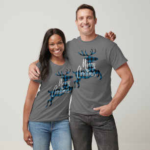 Frohe Weihnachtsbühne auf Blue Black Buffalo Karo T-Shirt