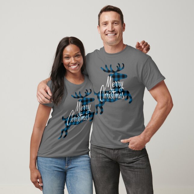 Frohe Weihnachtsbühne auf Blue Black Buffalo Karo T-Shirt (Unisex)
