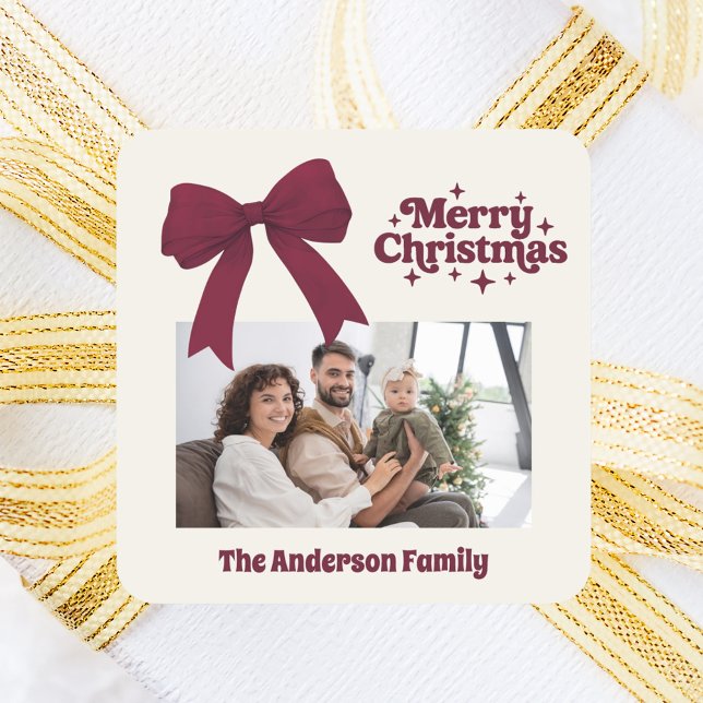 Frohe Weihnachtsburgund Bugbeige Retro-Foto Quadratischer Aufkleber (Von Creator hochgeladen)