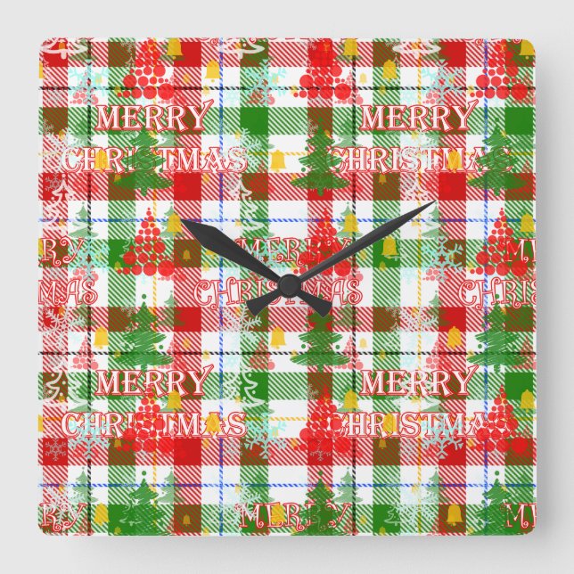 Frohe Weihnachtsdekoration Kariert Tartan Quadratische Wanduhr (Vorderseite)
