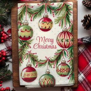 Frohe Weihnachtsdekorationen und Tannenzweige Geschirrtuch