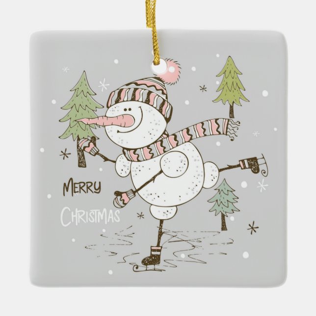 Frohe Weihnachtseis Skaten Snowman Keramikornament (Vorderseite)