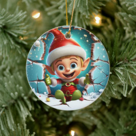 Frohe Weihnachtself genießt den Winter. Keramik Ornament