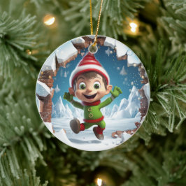 Frohe Weihnachtself genießt den Winter. Keramik Ornament