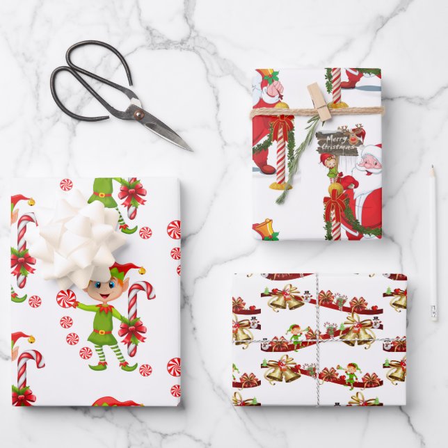 Frohe Weihnachtself Weihnachtsblätter Geschenkpapier Set (Vorderseite)