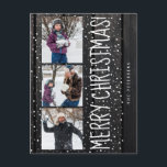 Frohe Weihnachtsfamilie 3 Foto Collage rustikal Feiertagspostkarte<br><div class="desc">Rustikale Bauernhauslandschaften Winterferien im Stil einer Postkarte auf einem dunklen Stallholzhintergrund mit fallendem Schnee mit einer Collage von drei Fotos und einer großen weißen "Frohe Weihnachten!"                Persönliche Gestaltung mit Fotos und Text auf beiden Seiten!</div>