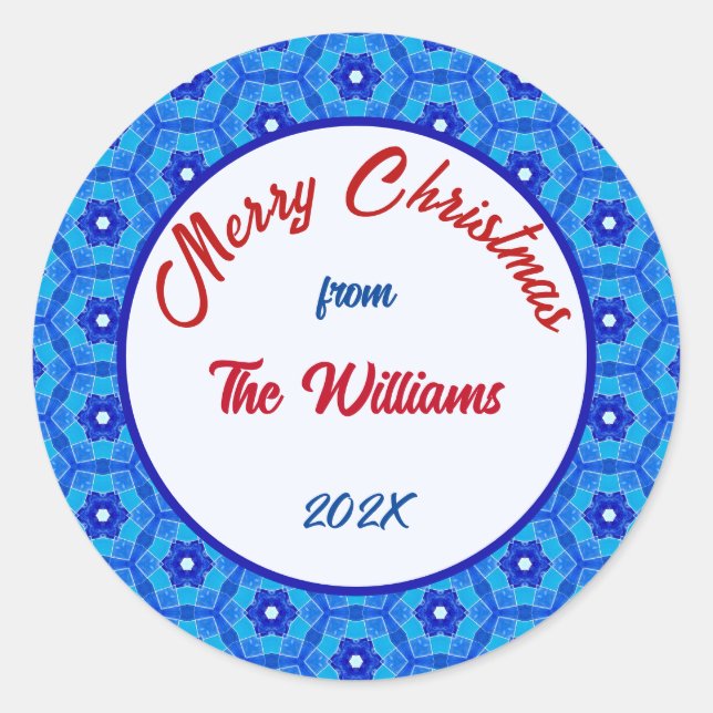 Frohe Weihnachtsfamilie Blue Tile Runder Aufkleber (Vorderseite)
