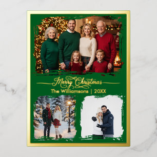 Frohe Weihnachtsfamilie Drei Fotos Grün Folien Feiertagspostkarte