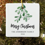 Frohe Weihnachtsfamilie Elegant Botanisch Keramikornament<br><div class="desc">Dieses stilvolle Weihnachtsdekor ist mit Aquarellmalereien,  Misteloe-Blätter und Beeren dekoriert. Einfach anpassbar. Wenn wir unsere Kunstwerke erstellen,  werden Sie dieses exakte Bild von anderen Designern nicht finden. Original Wasserfarbe © Michele Davies.</div>