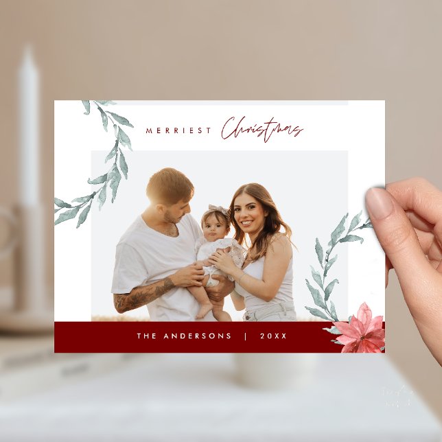Frohe Weihnachtsfamilie Foto, Aquarellbrand Postkarte (Merriest Christmas Family Photo, Watercolor Wreath Postcard in Burgundy Wine Red Theme)