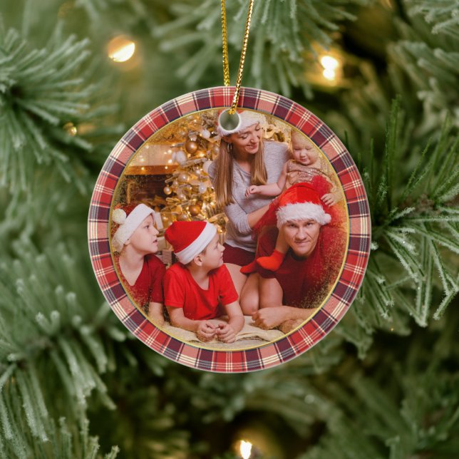 Frohe Weihnachtsfamilie Foto Blue Red Kariert Keramik Ornament (Baum)