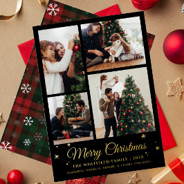 Frohe Weihnachtsfamilie Foto Collage Kariert Gold Folien Feiertagskarte