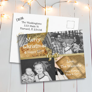 Frohe Weihnachtsfamilie Foto Gold Bow Musical Note Feiertagspostkarte