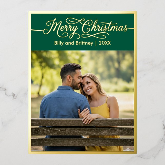 Frohe Weihnachtsfamilie Foto Green Folien Feiertagspostkarte (Vorderseite)