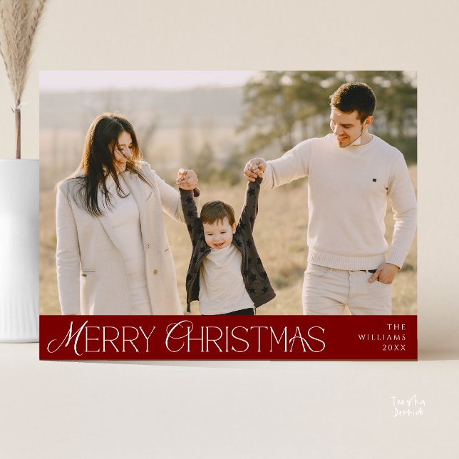 Frohe Weihnachtsfamilie Foto, moderne Eleganz Postkarte (Merry Christmas Family Photo, Modern Elegant Postcard in Burgundy wine deep red)