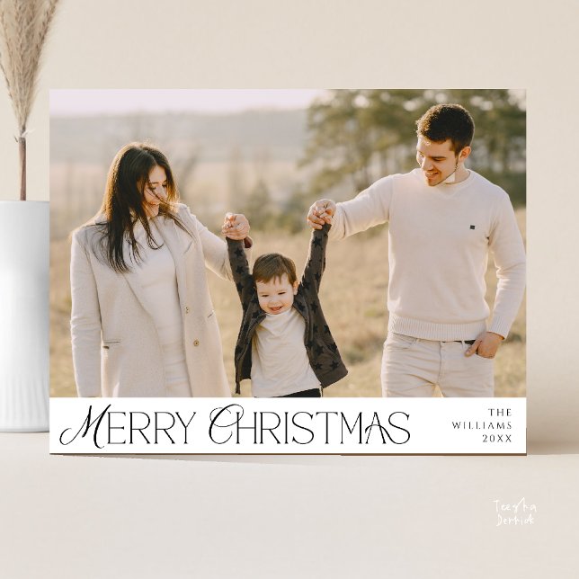 Frohe Weihnachtsfamilie Foto, moderne Eleganz Postkarte (Merry Christmas Family Photo, Modern Elegant Postcard in Black and White)