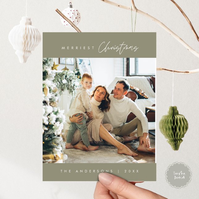 Frohe Weihnachtsfamilie Foto, moderne Eukalyptus Postkarte (Merriest Christmas Family Photo, Modern Green Eucalyptus themed Postcard, Season Greeting)