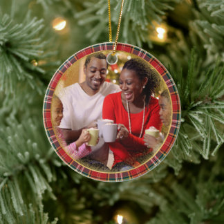 Frohe Weihnachtsfamilie Foto Red Green Kariert Keramik Ornament