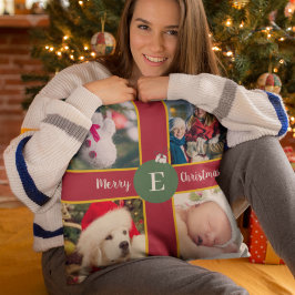 Frohe Weihnachtsfamilie Foto Red Green Monogram Kissen