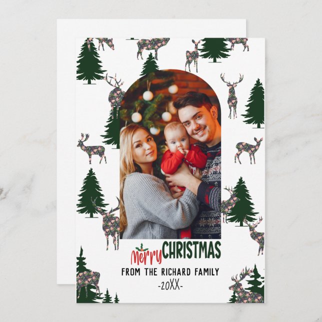 Frohe Weihnachtsfamilie Foto Tree Deer Feiertagskarte (Vorne/Hinten)