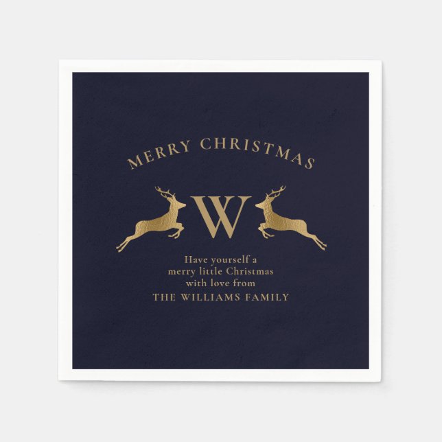 Frohe Weihnachtsfamilie Monogram Gold Deer Navy Serviette (Vorderseite)