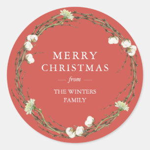 Frohe Weihnachtsfamilie Name Winter Greenery Red Runder Aufkleber