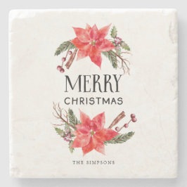 Frohe Weihnachtsfamilie Poinsettia Wreath Steinuntersetzer