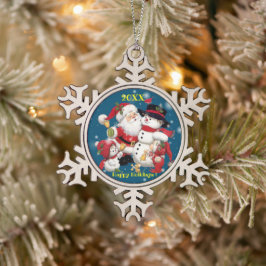 Frohe Weihnachtsfamilie und erste Schneeflocken Zinn-Ornament