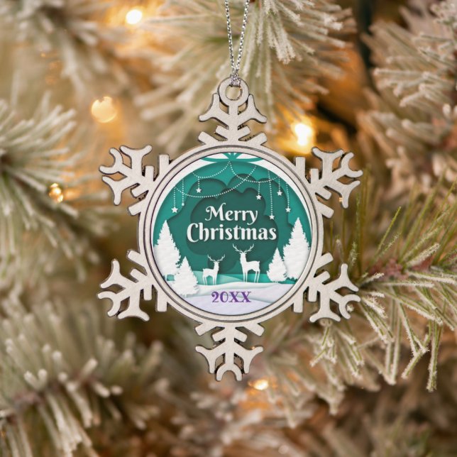 Frohe Weihnachtsfamilie und erste Schneeflocken Zinn-Ornament (Baum)