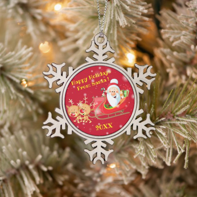 Frohe Weihnachtsfamilie und erste Schneeflocken Zinn-Ornament (Baum)