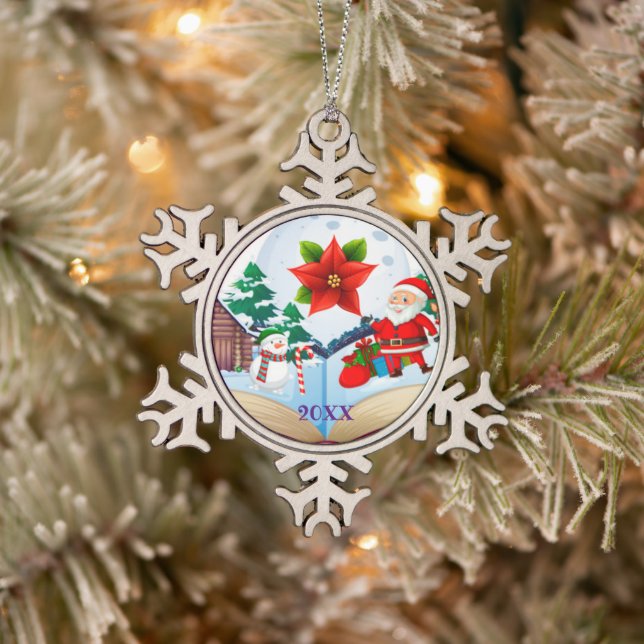 Frohe Weihnachtsfamilie und erste Schneeflocken Zinn-Ornament (Baum)