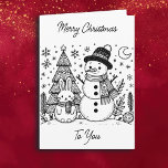 Frohe Weihnachtsfarbe Me | Snowman und Bunny Karte<br><div class="desc">Weihnachtskarte mit Farbseiten. Farbseiten sind ein Schneemann und sonnig mit Weihnachtsbäumen,  dem Mond und Schneeflocken vorne. Im Inneren gibt es einen niedlichen Weihnachtsmann und Rentiere.</div>