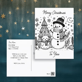 Frohe Weihnachtsfarbe Me | Snowman und Bunny Postkarte