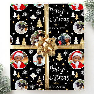 Frohe Weihnachtsfeier Bäume Foto Name Black Geschenkpapier