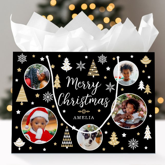 Frohe Weihnachtsfeier Bäume Foto Name Black Große Geschenktüte (Von Creator hochgeladen)